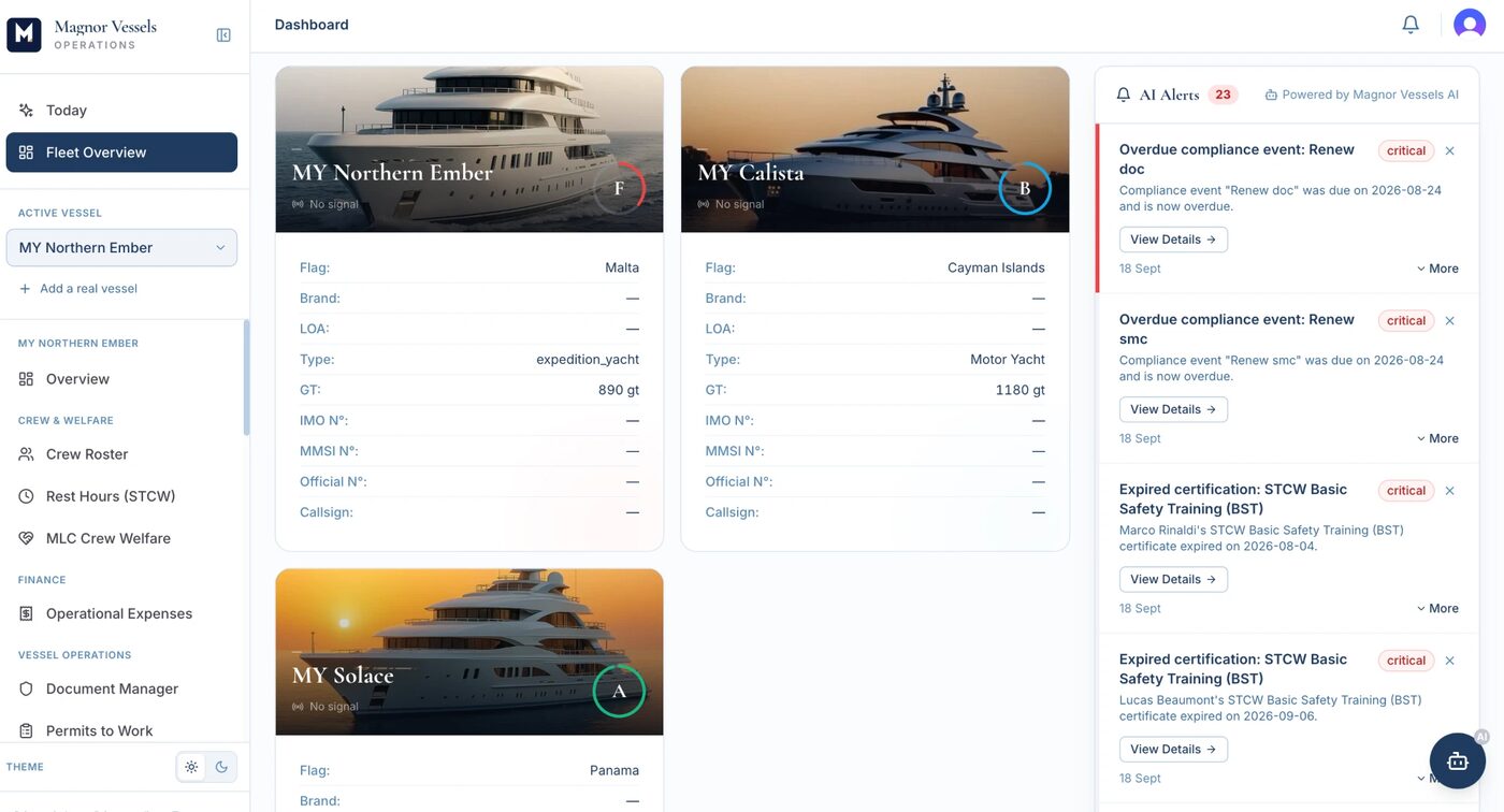 Fleet overview: three vessel cards with compliance grades beside the AI alerts rail