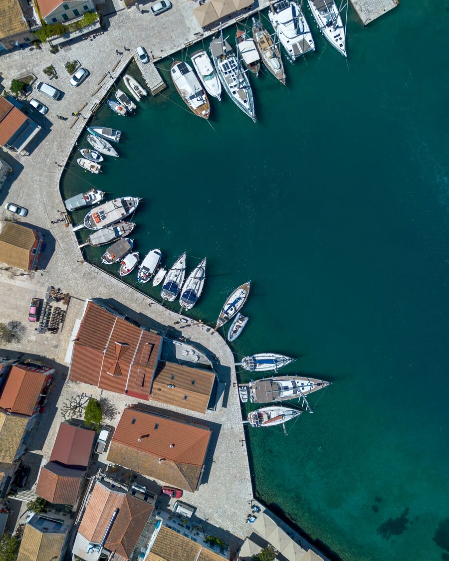 Aerial view of a Mediterranean harbour full of yachts
